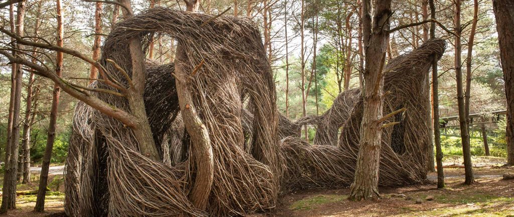 The completed Stickwork twig installation by Patrick Dougherty named "Hopscotch" at The Wild Center
