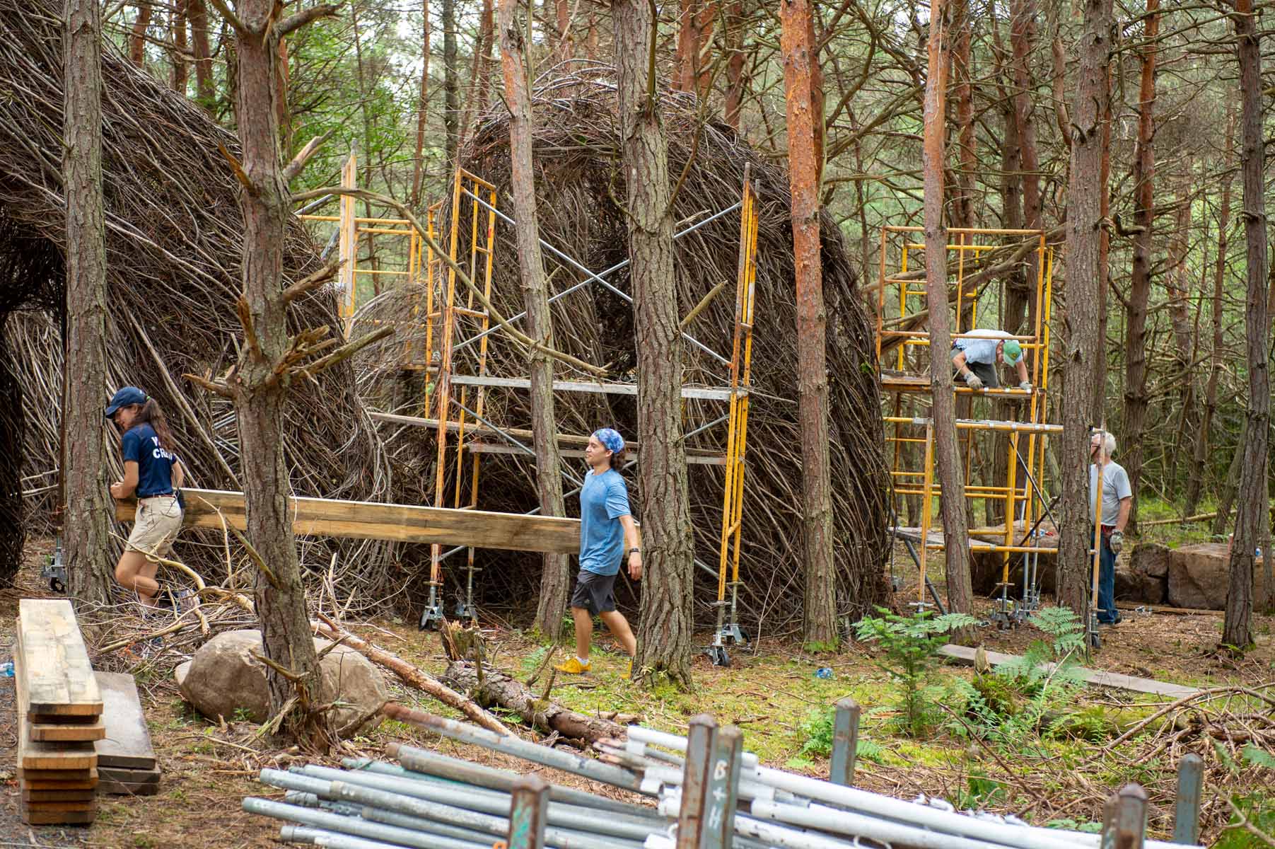 Workers constructing "Hopscotch" by Patrick Dougherty at the Wild Center