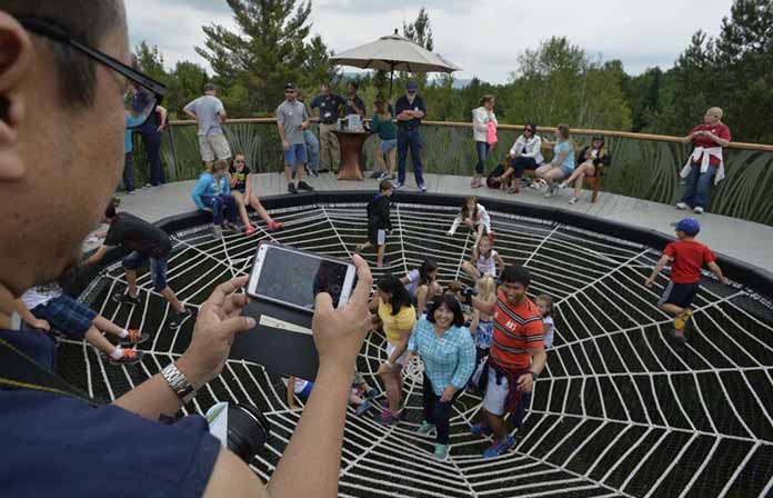 Family posing for photo in center of the Wild Walk spider web