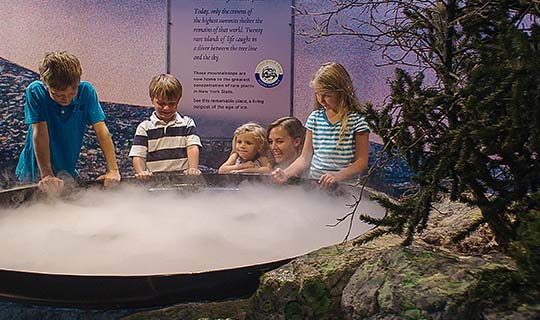 Children gathered around cloud exhibit