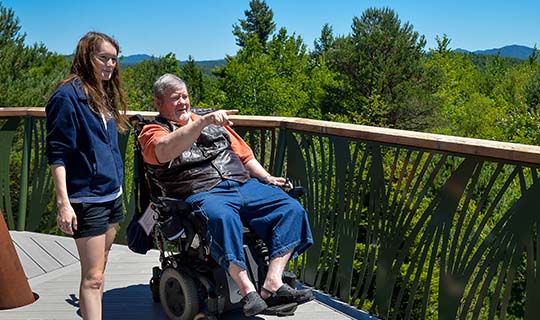 Man in wheelchair pointing out view to accompanying child