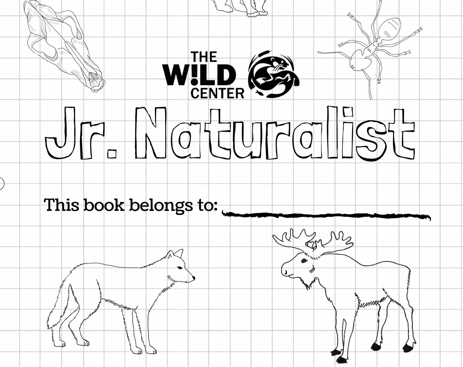 Jr. Naturalist book cover featuring illustrations of wolf, moose, skull and ant