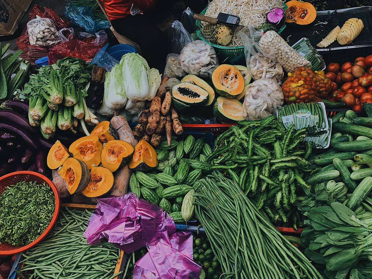 Assorted produce in outdoor stand