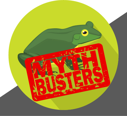 Frog illustration with "Mythbusters" stamped on it