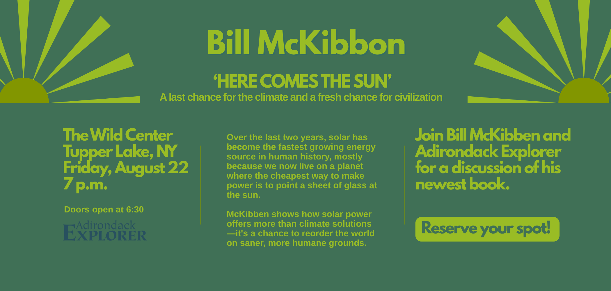 Adirondack Explorer presents Bill McKibben "Here Comes the Sun"