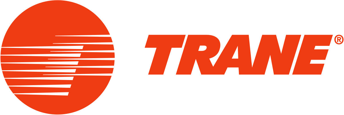 Red circle with white streaks and the word Trane in large red capital letters on the right side.